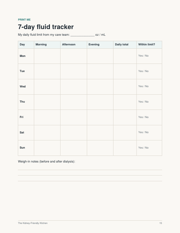 The printable 7-day fluid tracker page